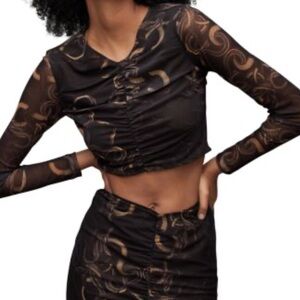 AllSaints Tessia Tempest Snake Print Mesh Crop Top Black Gold Sheer Size 6
